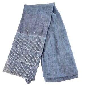 ZARA‎ Modal Blend Chambray Blue Rhinestone Scallop Lightweight Scarf